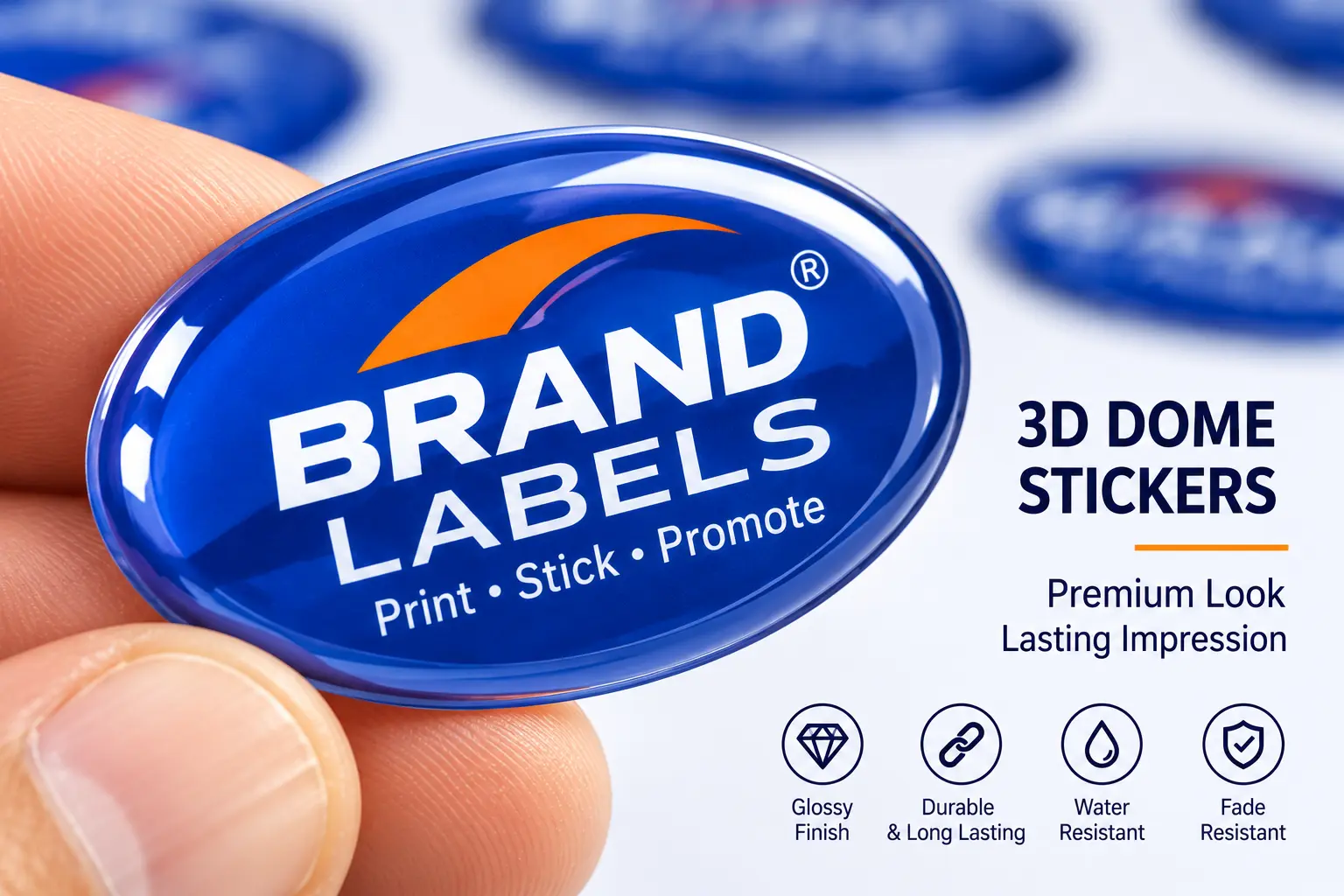 3D / Dome Stickers - Crystal-Clear Raised Polyurethane Resin 3D Badges manufactured by Brand Labels India